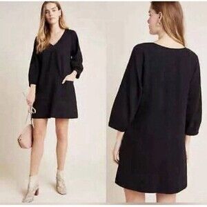 Anthropologie Maeve Angelika Black V-Neck Tunic Dress Pockets 3/4 Sleeve S